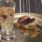 Figues rôties au miel, verrine de foie gras avec sa confiture de figue, brochette de figue fraîche et de boudin blanc