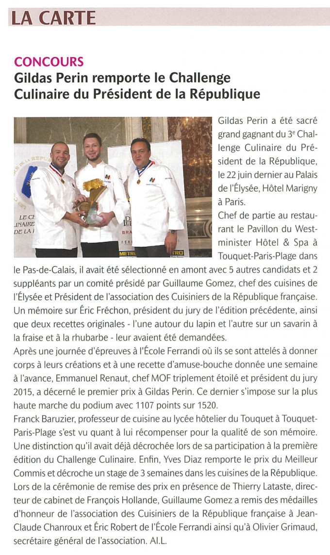 Gildas Perin remporte le Challenge Culinaire du Président de la République
