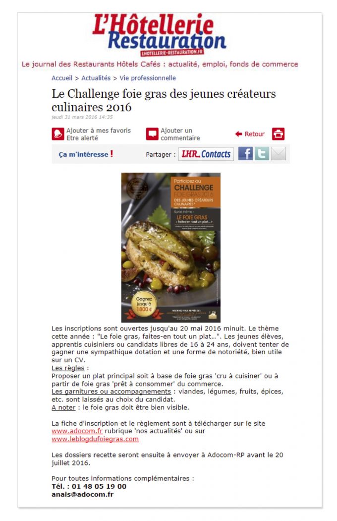 Vu sur le site de l’Hôtellerie Restauration : le Challenge Foie Gras 2016 !